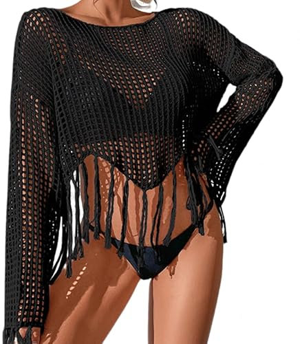 Women Tassel Crochet Cover Up Hollow Out Mesh Fishnet Top Summer Long Sleeve Swim Beach Cover Up Sexy Swimsuit Swimwear See Through Party Clubwear Top (UK, Alpha, One Size, Regular, Regular, Black)