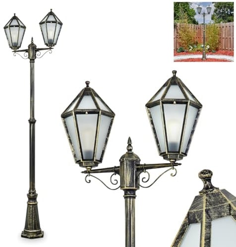 Kandelaber Falfosa, Außenwegeleuchte aus Metall/Glas in Schwarz/Gold/Milchglas, Leuchte im Vintage/Antik/Landhaus-Design für Garten/Terrasse, Höhe 242 cm (verstellbar), 2x E27, ohne Leuchtmittel, IP44