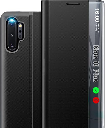 Qissy Handyhülle für Samsung Galaxy Note 10 Plus, Klares Sichtfenster, Ständer, Leder, Hartes Polycarbonat, Flip-Schutzhülle, Schwarz