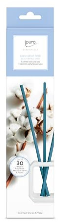ipuro Essentials Scented Stick Cotton Fields Set mit Vase Weiß - Raumerfrischer, Raumduft mit sanftem, pudrigem Duft & eleganter Keramikvase - Langanhaltender Duft ohne Flüssigkeit - Duftstäbchen Holz