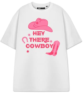 Show Me The Merch Women's White Graphic Tee | Hey There Cowboy Short Sleeve T-Shirt | Western Style Apparel | Vintage Retro Design | Casual Top for Ladies