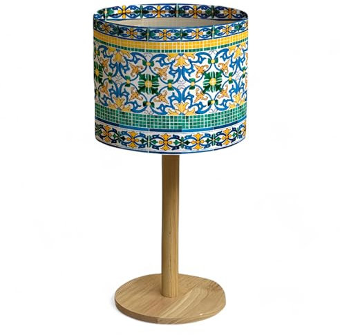 Lampe de chevet chambre lampe de table salon veilleuse d'ambiance abats-jour design multicolore lumiere E14 Led lampe chevet originale pieds modernes en bois lampes de salon (Patio Print, 1 pièce)