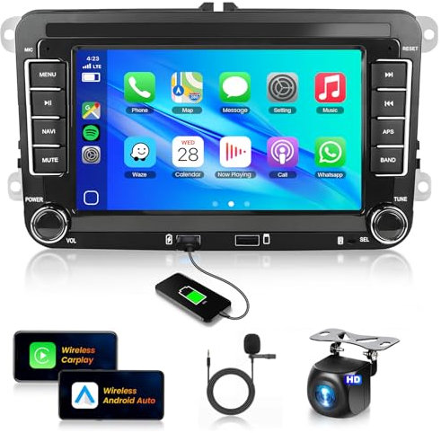 2+64G for VW Volkswagen Seat Golf Passat Jetta Beetle Tiguan Touran EOS Android13 Car Stereo 7 Inch Double Din Radio Wireless CarPlay Android Auto Bluetooth,2 USB Slot,GPS,WiFi,FM+Backup Camera&MIC