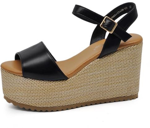 IF Scarpe Sandali Con Zeppa da Donna con Platform Corda Plateau in Paglia Cinturino alla Caviglia Comode Z7479-09 nero N.37