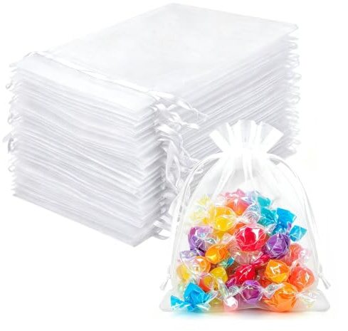 100 Stück Organzabeutel mit Kordelzug für Geschenke (Weiß,5x7cm) | Transparentes Organza Säckchen mit Kordelzug – leer zum Befüllen für Lavendel, Obstschutz & Weihnachtsgeschenke.