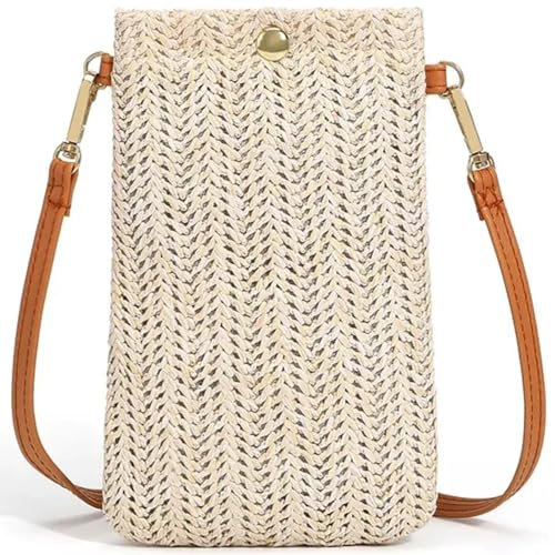 HRGTG Crossbody Phone Bags for Women Ladies Girls, Small Crossbody Shoulder Straw Mobile Phone Bags, Ultralight Mini Cellphone bag Coin Purse Wallet Gifts (White)