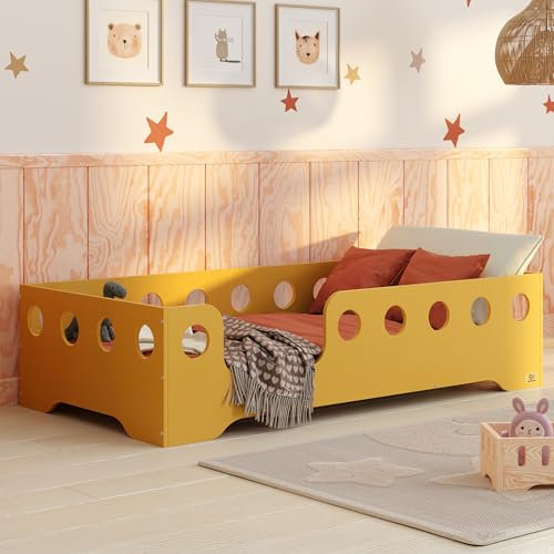 smartwood Kinderbett 140x200 | Gelb | Bodenbett TILA 4L mit Rausfallschutz & Lattenrost und sichere Kanten | Montessori Betten für schnelle Montage | Bis 300 kg belastbar