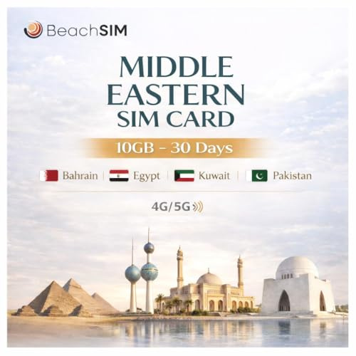 BeachSIM SIM-Karte für den Nahen Osten für 30 Tage. 10 GB Datenvolumen mit 4G/5G-Netz. Nur Prepaid-Daten. Kostenloses Roaming in Bahrain, Ägypten, Kuwait, Oman und Pakistan.