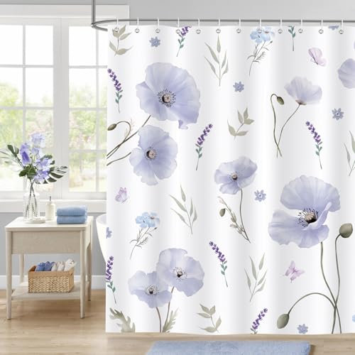 Dazzlewall Lila Blumen Duschvorhang 180x180cm, Aquarell Pflanze Badezimmer Vorhang Wasserdicht Schimmelresistent Polyesterstoff mit 12 Haken