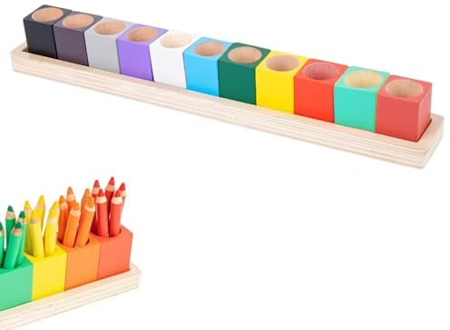 Porte Crayon de Couleur en Bois, Montessori Porte Crayons pour Enfants, Pot à Crayons en Bois, Rangement pour Crayons de Couleur, avec 11 Compartiments, pour École Maison Studio D'art,44.4 x 6 x 6.3cm