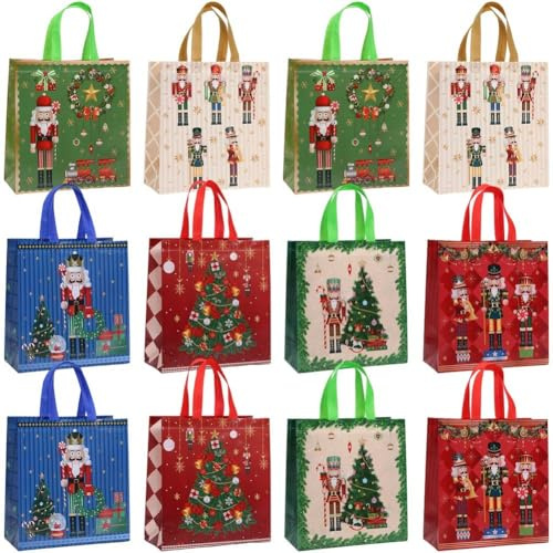 HiyyFloy 12pcs Christmas Nutcracker Gift Bags with Handle Birthday Gift Tote Christmas Goodie Candy Wrapping Bag Reusable Non Woven Shopping Tote for Xmas Party Favor