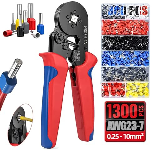 1300 Aderendhülsen Crimpzange Set – Selbstjustierende Aderendhülsenzange 0,25–10 mm² – Vierkantverpressung mit Ratschenfunktion & ergonomischem Griff – Elektro & KFZ Werkzeug