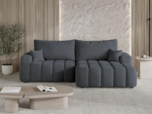 GRAINGOLD Caleo Ecksofa modern mit Bettfunktion, 270x170 cm, L-Form Sofa, Schlafcouch für Wohnzimmer, Velour-Stoff, 3-Sitzer Eckcouch, Ecksofa mit Bettkasten (Grau, Rechts)