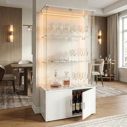 Vetrina in vetro con LED,Vetrina in vetro temperato,3 strati di vetro,a 2 porte e lucchetto,vetrine per figure armadio,per soggiorno,ufficio,oggetti da collezione (Bianco +LED 2, 3 piani +armadietti)