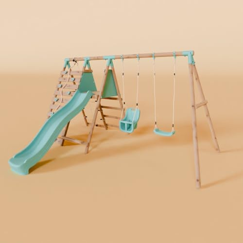 Waltons Wooden Swing Set with Slide - Outdoor Kids 2 Swings with Climbing Frame Wall & Toddler-Friendly Features | Pressure-Treated Timber Garden Playset for Children | Handmade in the UK