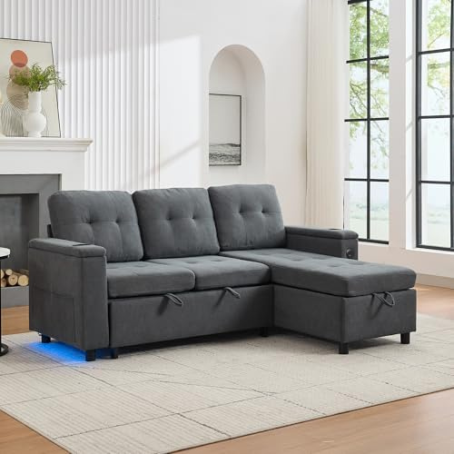 HaoChrymec 208 x 146 x 89.5 cm großes Sofa, Dreisitzer-Schlafsofa, Klappsofa mit verstecktem Stauraum, Ambiente-Sofa mit LED-Lichtleiste, Ecksofa Treviso, L-förmiges Sofa, grau