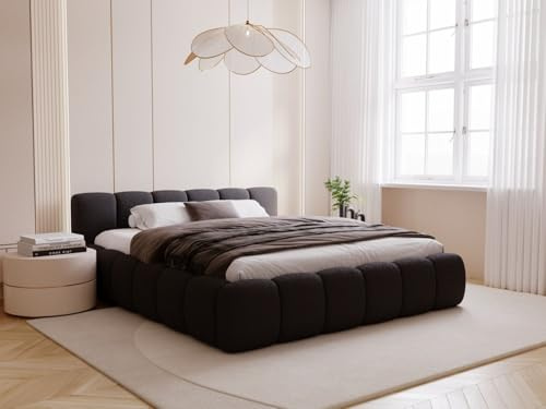 GRAINGOLD Cloud Low Bett, Polsterbett mit Bettkasten, Polsterbett mit Stauraum, Bouclé-Stoff, mit Lattenrost, mit Kopfteil, ohne Matratze (Schwarz, 160x200)