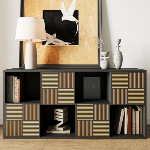 BursDany Bibliothèque 8 Cubes avec 4 Portes – Meuble de Rangement Multifonction, Étagère sur Pied pour Salon, Chambre, Bureau, Noir 125x30x60 cm