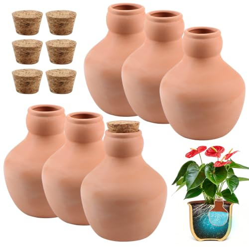 EXLECO 6 Ollas Terre Cuite à Enterrer avec Bouchon, OYA Arrosage 540ml | Oyas Plantes Intérieur & Extérieur, Pot Terre Cuite Arrosage Automatique, Système d’Arrosage Olla pour Potager Jardin Serre