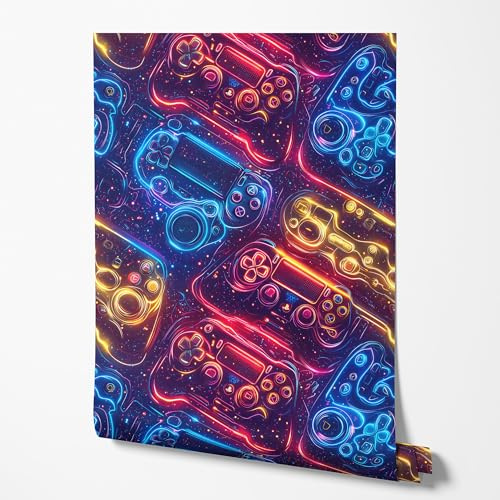GP TONER Vliestapete Gaming Controller Neon Bunt LED Style Wandtapete Modernes Design Jugendzimmer Schlafzimmer Wohnzimmer Abwaschbar UV-beständige Tapete 10m x 0,5m