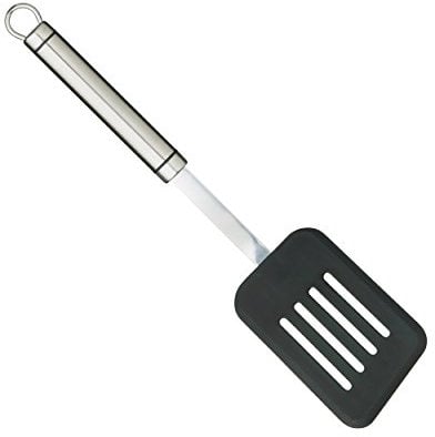 KitchenCraft Professional Slotted Turner with Non Stick Safe Nylon Head, Rectangular, Stainless Steel, 31 cm, Silver/Black