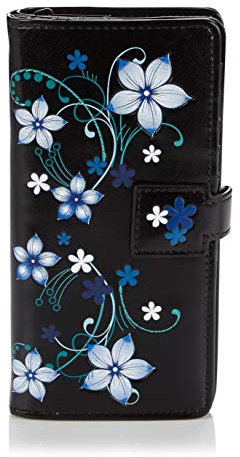Shagwear Portemonnaie Geldbörse für Junge Damen, Mädchen Geldbeutel Portmonaise groß Designs:, Blaue Blüten Schwarz/ Blue Blossoms, Large