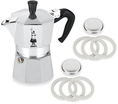 Bialetti 1 taza de espresso original Moka Express, máquina de espresso, seis juntas de repuesto y dos placas de filtro de repuesto Bialetti (1 taza, 60 ml)