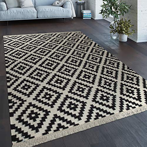 Paco Home Teppich Modern Marokkanische Muster Handgewebt Skandi Rauten Fransen Schwarz Weiß, Grösse:140x200 cm