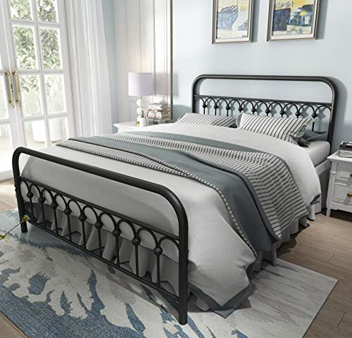 Vintage-Bettgestell für Queen-Size-Betten, Metall, mit Kopfteil und Fußteil, Basic-Bettgestell, kein Boxspringbett erforderlich (Queen, Schwarz)