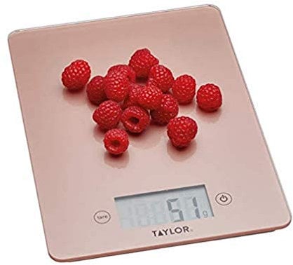 Taylor Pro, Digitale Küchenwaagen für Lebensmittel mit Ultraschlankem Design, Professioneller Standard, Tara-Funktion mit Hoher Präzision und Genauigkeit, Roségold und Glas, Wiegekapazität 5 kg
