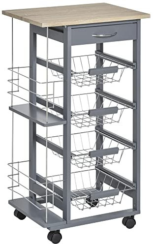 HOMCOM Rolling Kitchen Cart, Utility Storage Cart with 4 Basket Drawers & Side Racks, Wheels for Dining Room, Grey