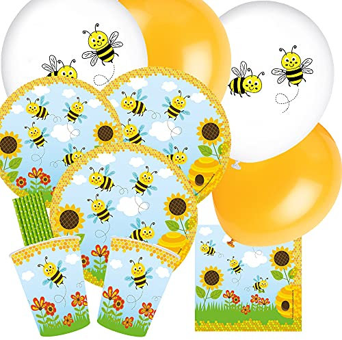 52-teiliges Party-Set Freche Bienen - Teller Becher Servietten Luftballons Trinkhalme für 8 Kinder