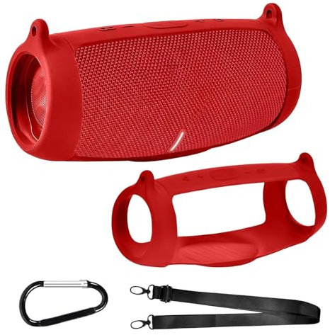 Silikonhülle Tasche für JBL Charge 5 tragbaren Bluetooth-Lautsprecher, Reisegel weiche Haut, wasserdichte Tragetasche aus Gummi mit Riemen(Rot)