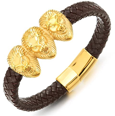 COOLSTEELANDBEYOND Herren Große Geflochtenes Leder Armband mit Edelstahl Goldfarben DREI Löwe Kopf und Braun Echtes Leder Biker Armband