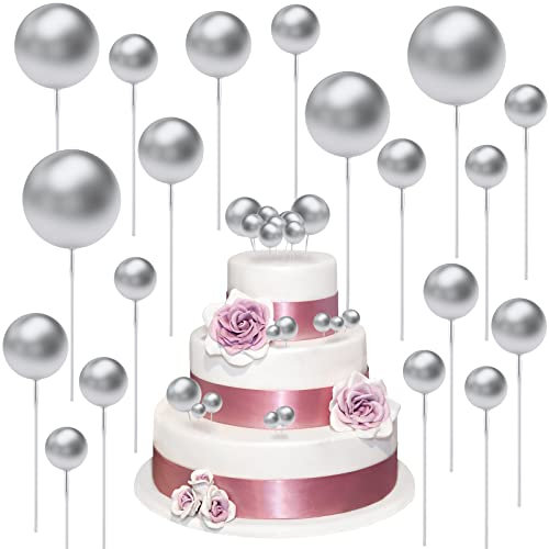 40 Pcs Mini Cupcake Toppers Foam Round Ball Balloon Cake Topper Bakeware Decorating Tools Pearl DIY Cake Insert Topper for Valentine Birthday Party Wedding Supplies Baby Shower Decor(Silver)