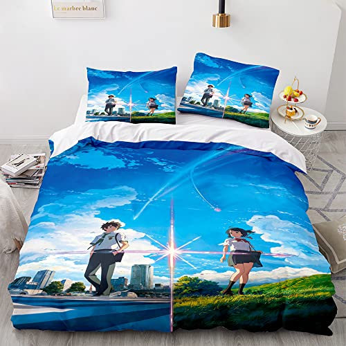 Kimi no na wa Makoto Shinkai Juegos de ropa de cama de anime Tela de poliéster impresa en 3D de dibujos animados 1 funda de edredón + 1/2 fundas de almohada (sin edredón)/