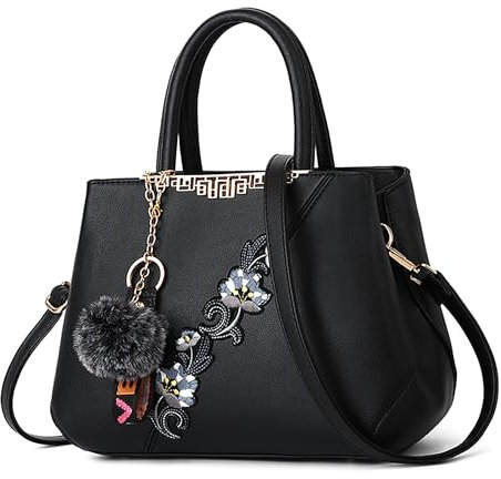 DORRISO Damen Handtasche Mode Stickdesign Schultertasche Große Kapazität Umhängetasche Casual Reise Handtasche PU Leder Top Griff Tasche für Frauen Schwarz A