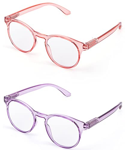 LANLANG 2er-Pack Blaulichtfilter Lesebrille für Damen mit 2 Mode farben, Anti Eyestrain Anti UV Lesebrille, +0.0 Dioptrien, Runde rahmen