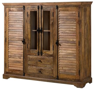 MASSIVMOEBEL24.DE | Rodez Highboard aus Massivholz #126 aus Mangoholz - Dunkelbraun, geölt 160 x 45 x 140 cm 2 Lamellentüren, 2 Vitrinentüren & 2 Schubfächer Hochkommode, Hochschrank