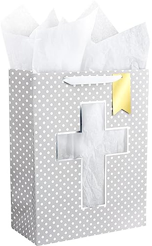 Loveinside Graue Geschenktüte mit Kreuz-Design, Seidenpapier für Taufen, Erstkommunion, religiöse Anlässe, 25,4 x 12,7 x 33 cm, 1 Stück