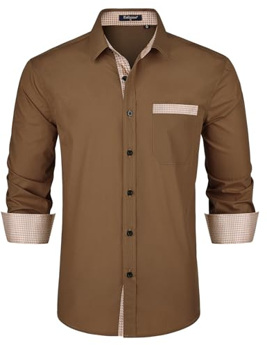 Enlision Shirts for Men UK Long Sleeve Mens Chocolate Brown Dress Formal Shirts Elegant Button Down Slim Fit Wrinkle Free for Wedding Business Work S