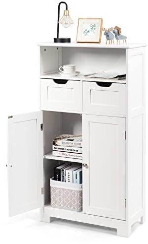 LIFEZEAL Armario de baño Independiente con cajones (Blanco) | Mueble auxiliar alto de madera con estantes ajustables para cocina, salón y baño, 60 x 30 x 109 cm