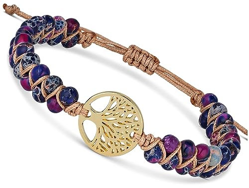 BENAVA Damen Yoga Armband Jaspis Edelstein Perlen mit Lebensbaum Anhänger Bunt | Edelstein Armband Meditation | 16-24 cm