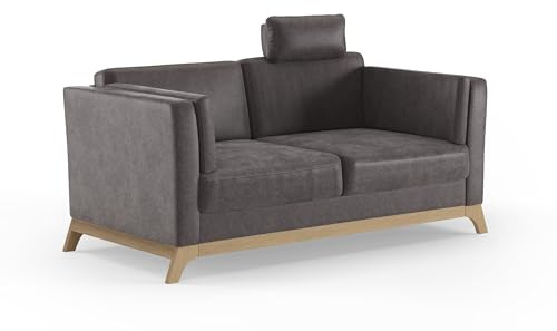Cavadore 2,5er-Sofa Vida / 2,5-Sitzer Couch im trendigen Design mit massivem Holzrahmen in Buche, Kopfstütze mit Kuschelkissen / 183 x 84 x 93 / Mikrofaser, Graubraun