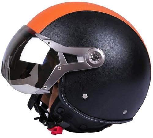 Jethelm mit Sonnenblende, Retro Motorradhelm Leder mit 7-Absätze-Sicherheitsschnalle, ECE 22.06 Zertifiziert, Motorradkreuzer-Rollerhelm im Deutschen Stil (57-62cm)