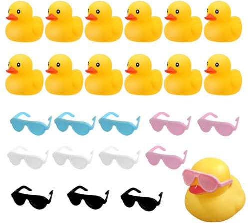 Wekuw Canards en Caoutchouc, 12 Pièces Canard Plastique Petit Canard Jouets de Bain Mignons Bain Canard Flotteur avec 12 pcs Lunettes de Solei pour Baby Shower, Anniversaire Fête