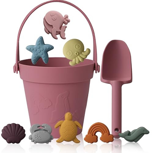 CHSEEO Jeux de Plage, Plage Bebe en Silicone, Jouet de Plage Enfant, 8 Pièces avec Seau Plage Pliant, Modèle Animal, pour Bac a Sable Intérieur Extérieur Jouets de Jardin