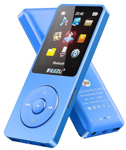Lecteur MP3 de 64Go avec Bluetooth 5.3, Ultra léger (30 grammes), jusqu'à 80 Heures d'autonomie, écran de 1,8, idéal pour Le Sport, Les Enfants et Les Adultes, Prend en Charge Les Cartes TF jusqu'à