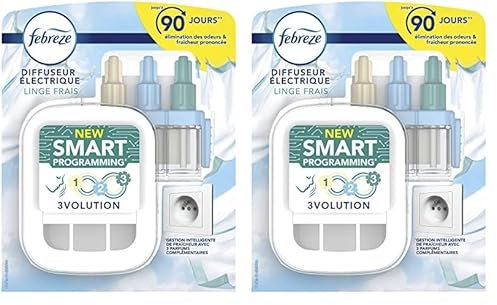 Febreze 3Volution Diffuseur Électrique de Parfum, Kit Prises + 1 Recharges Linge Frais, Désodorisant Smart Programming avec 3 Parfums En Alternance, Élimination Des Odeurs Maison (Lot de 2)