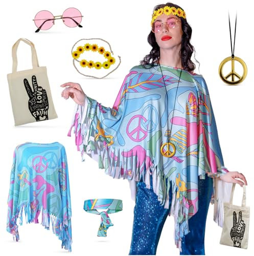 Festicy Hippie Kostüm Damen Edition 2025 mit Poncho Karneval One Size Set I Accessoires Stirnband mit Sonnenblumen, Hippie Kleidung Damen, Tasche und mehr, Faschingskostüm